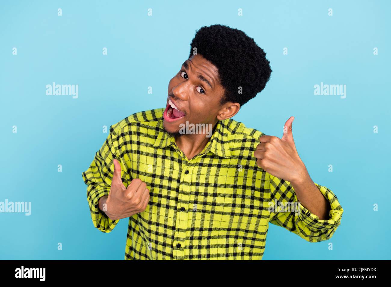 Photo of crazy funky positive man make thumbs up recommend enjoy ...
