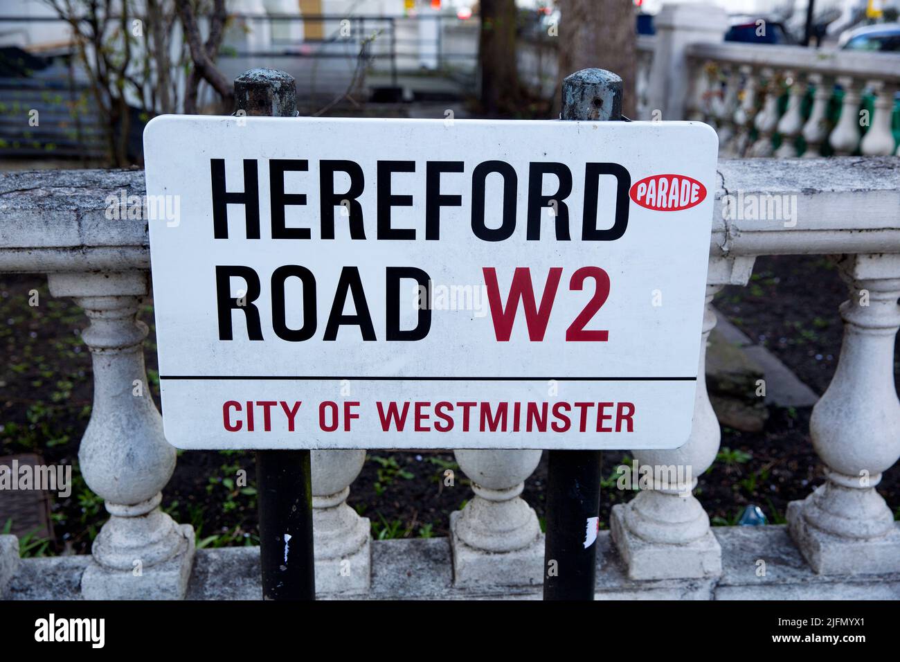 A street name plate of ‘Hereford Road W2’ is seen in West London. Stock Photo