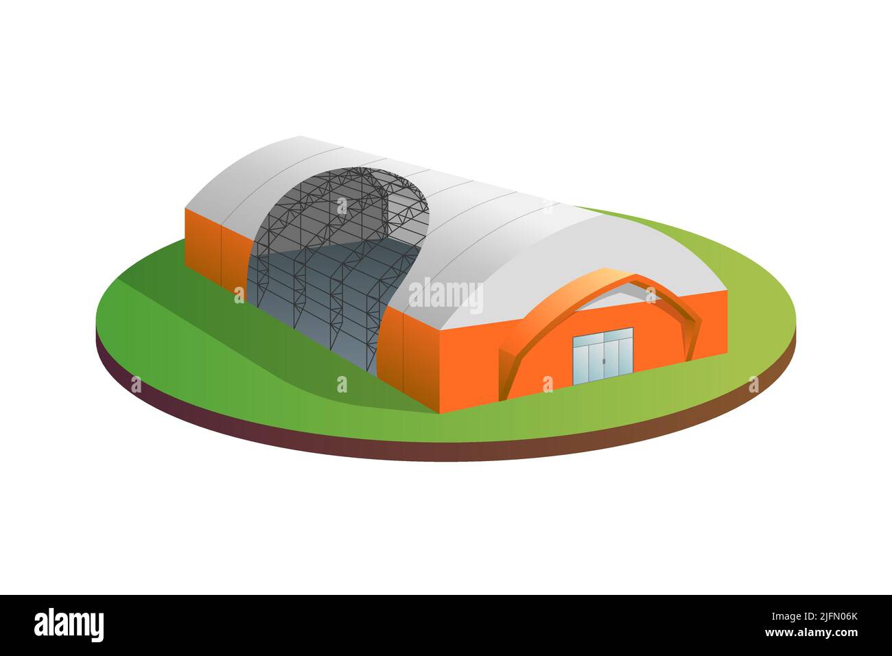 Temporary industrial tent 3d building with construction demonstration. Awning tarpaulin warehouse hangar. Commercial exhibition tunnel hall barn. Factory production distribution or storage eps concept Stock Vector