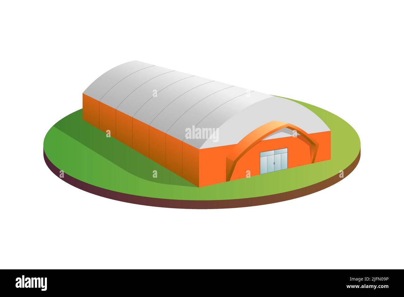 Temporary industrial tent 3d building. Awning tarpaulin warehouse hangar. Commercial exhibition tunnel hall barn construction. Factory production distribution goods or storage concept. Vector eps Stock Vector