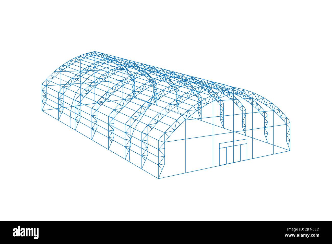 Temporary industrial 3d tent. Barn construction building wireframe. Awning tarpaulin warehouse hangar. Commercial exhibition tunnel hall. Factory production distribution or storage concept. Vector eps Stock Vector