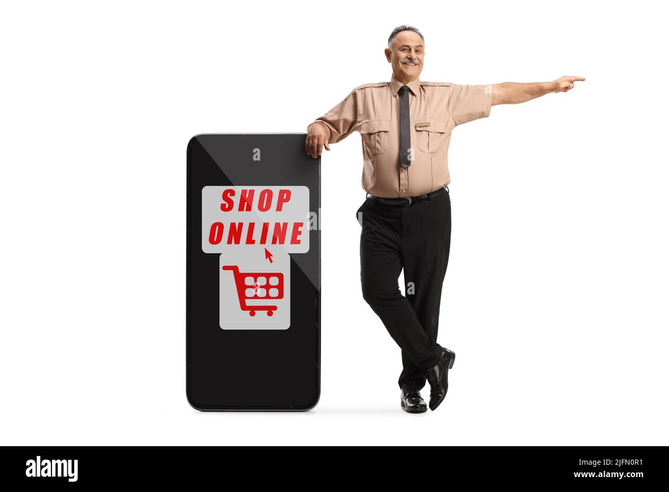 Security guard leaning on a smartphone with text shop online and pointing to the side isolated on white background Stock Photo