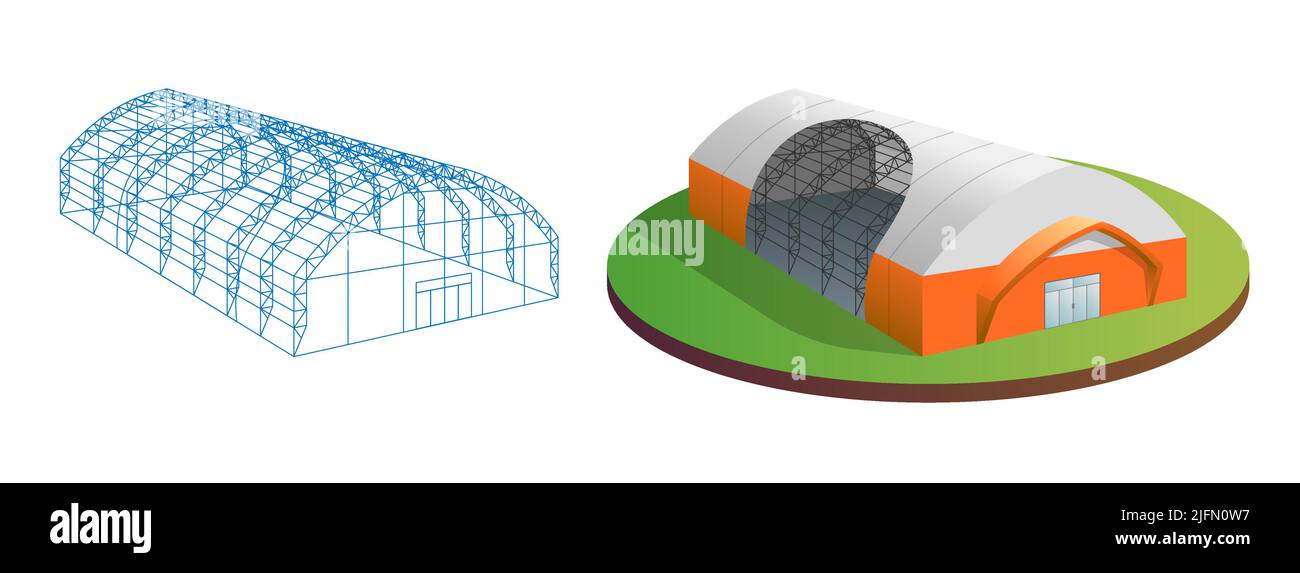 Temporary industrial 3d tent and barn construction building wireframe. Awning tarpaulin warehouse hangar. Commercial exhibition tunnel hall. Factory production distribution and storage design concept Stock Vector