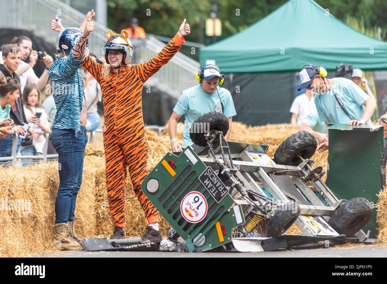 Team It's Team Francis kart after crashing at the end of the Red Bull Soapbox race 2022 at Alexandra Palace in London, UK. Drivers out OK Stock Photo