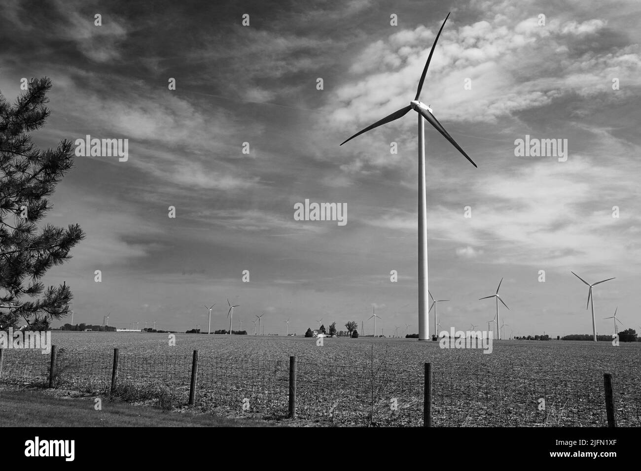 Wind-generated electricity using tubines in the fields of a farm in Ohio. Photo in black and white Stock Photo