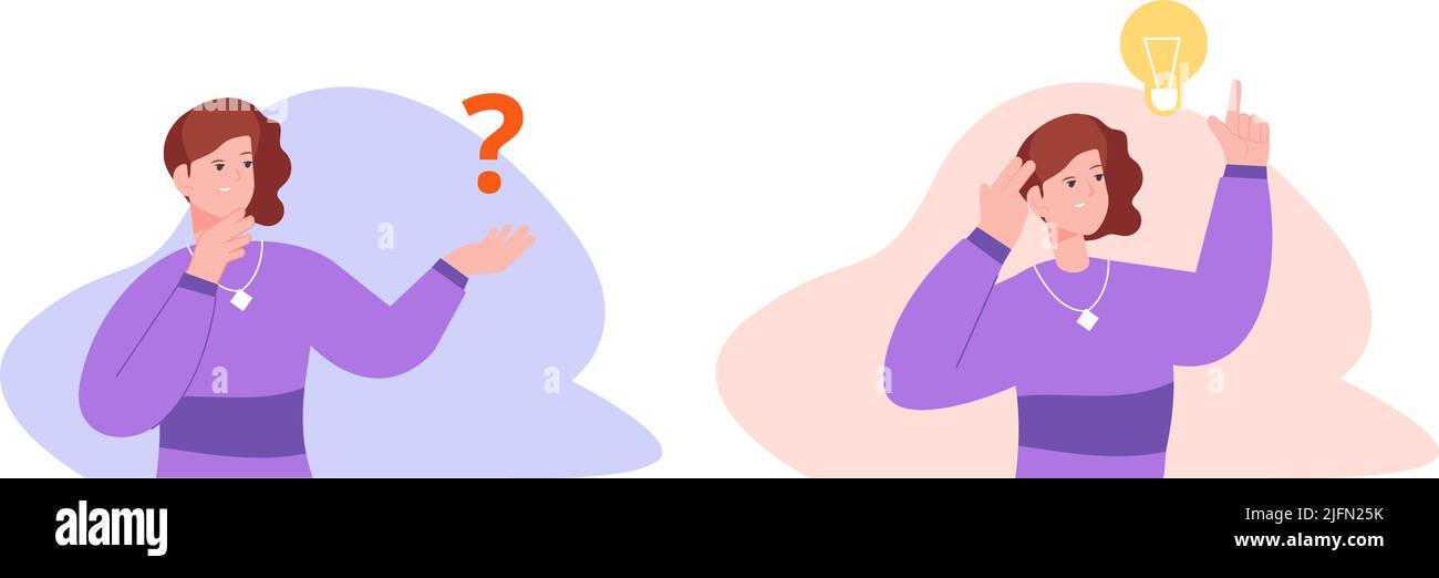 Complex Questions Cartoon Woman question and solutions. Person thoughts think about idea ...