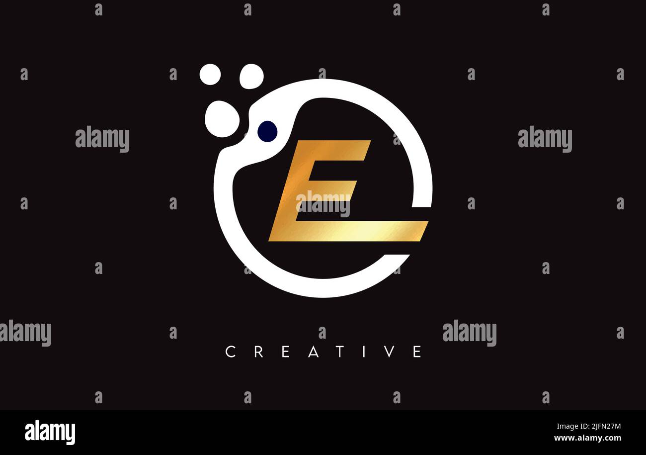 Golden Letter E Logo Icon Design with Dots and Bubbles inside a ...