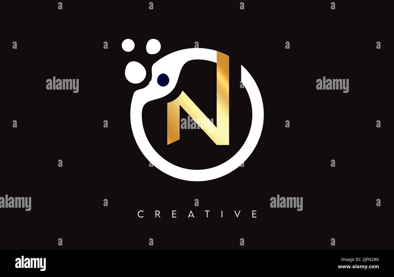 Golden Letter N Logo Icon Design with Dots and Bubbles inside a ...