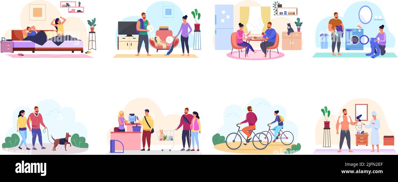 Couple life routine. Everyday life people, couples lives daily walk ...