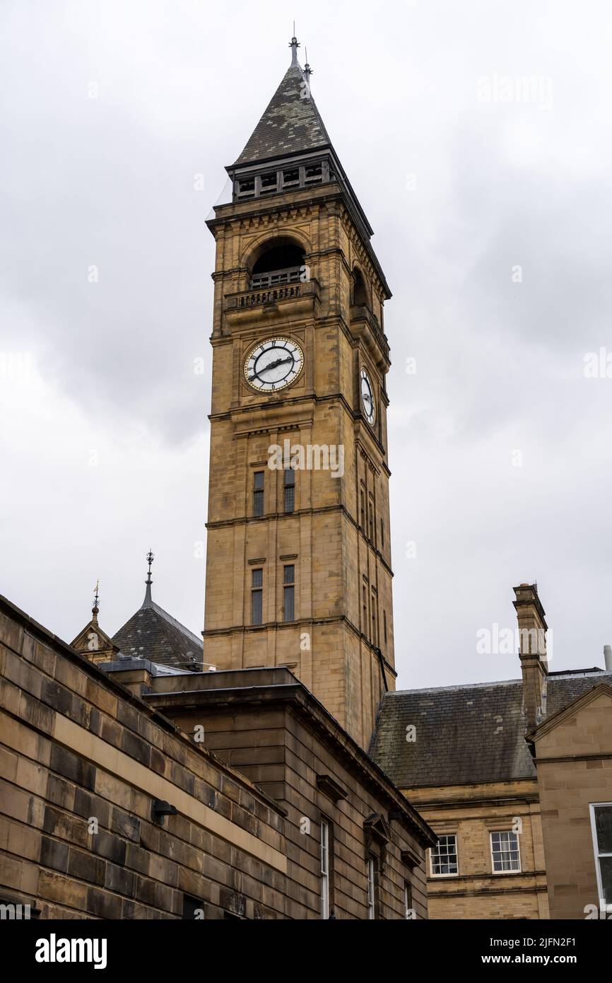 The Victorian clock tower of the old Wakefield Town Hall, UK, now the Registry Office and wedding ceremony venue. Stock Photo