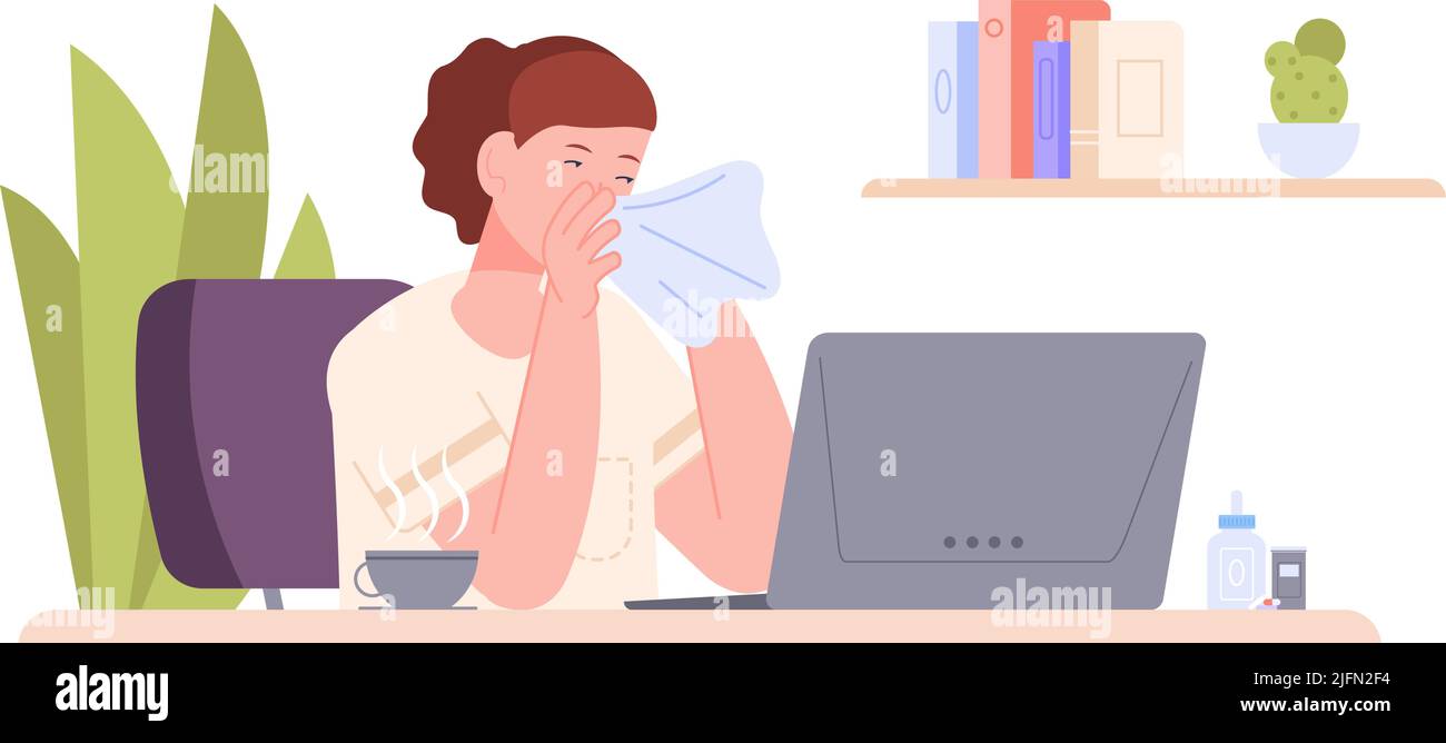 Employee sick flu. Coughing worker at laptop office workplace, tired coughing woman symptoms allergy or fever, unwell cold lady job, virus infection ill nose, vector illustration Stock Vector