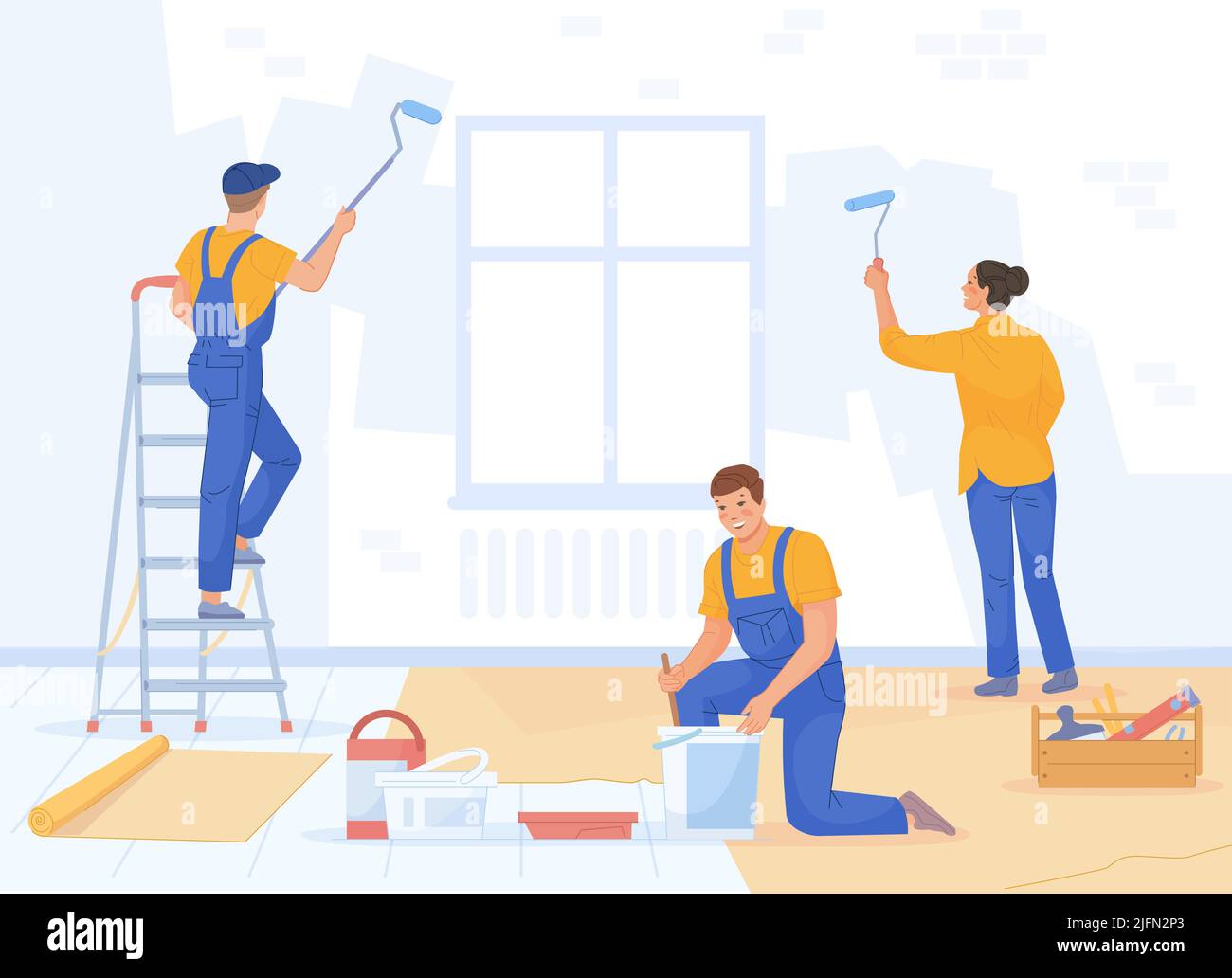 Paint repair team. Decorative repairment plaster of house room