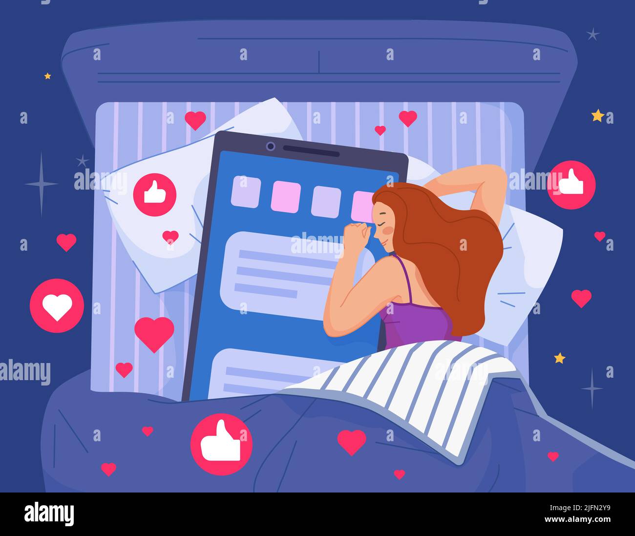 Hugging phone in sleep. Woman sleeping night and hug giant smartphone