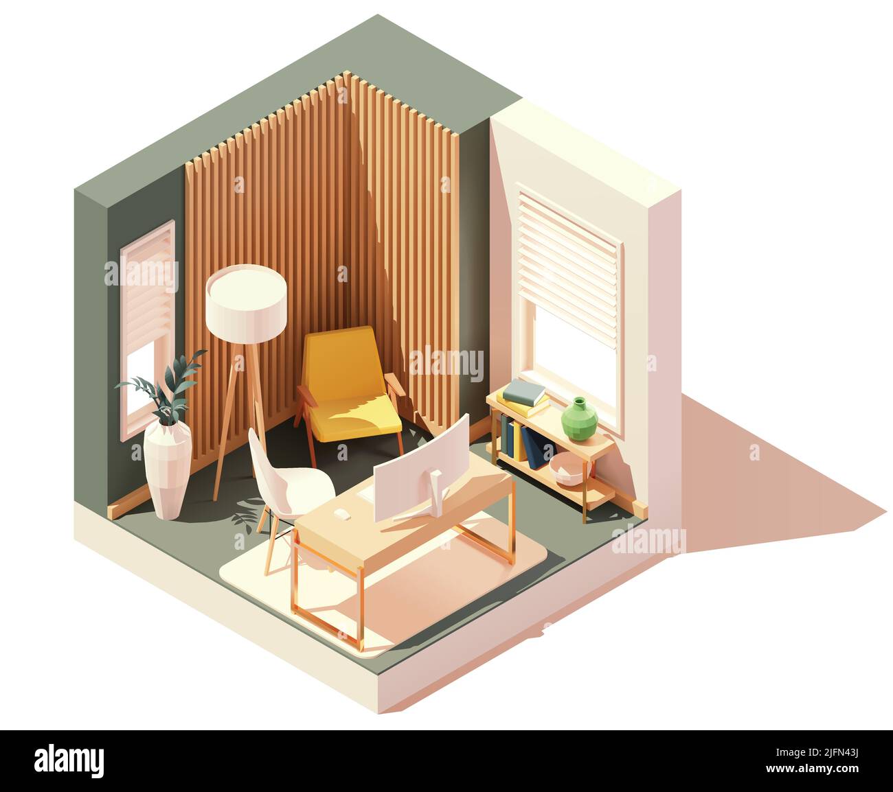Vector isometric workplace in home office room. Office table and chair ...