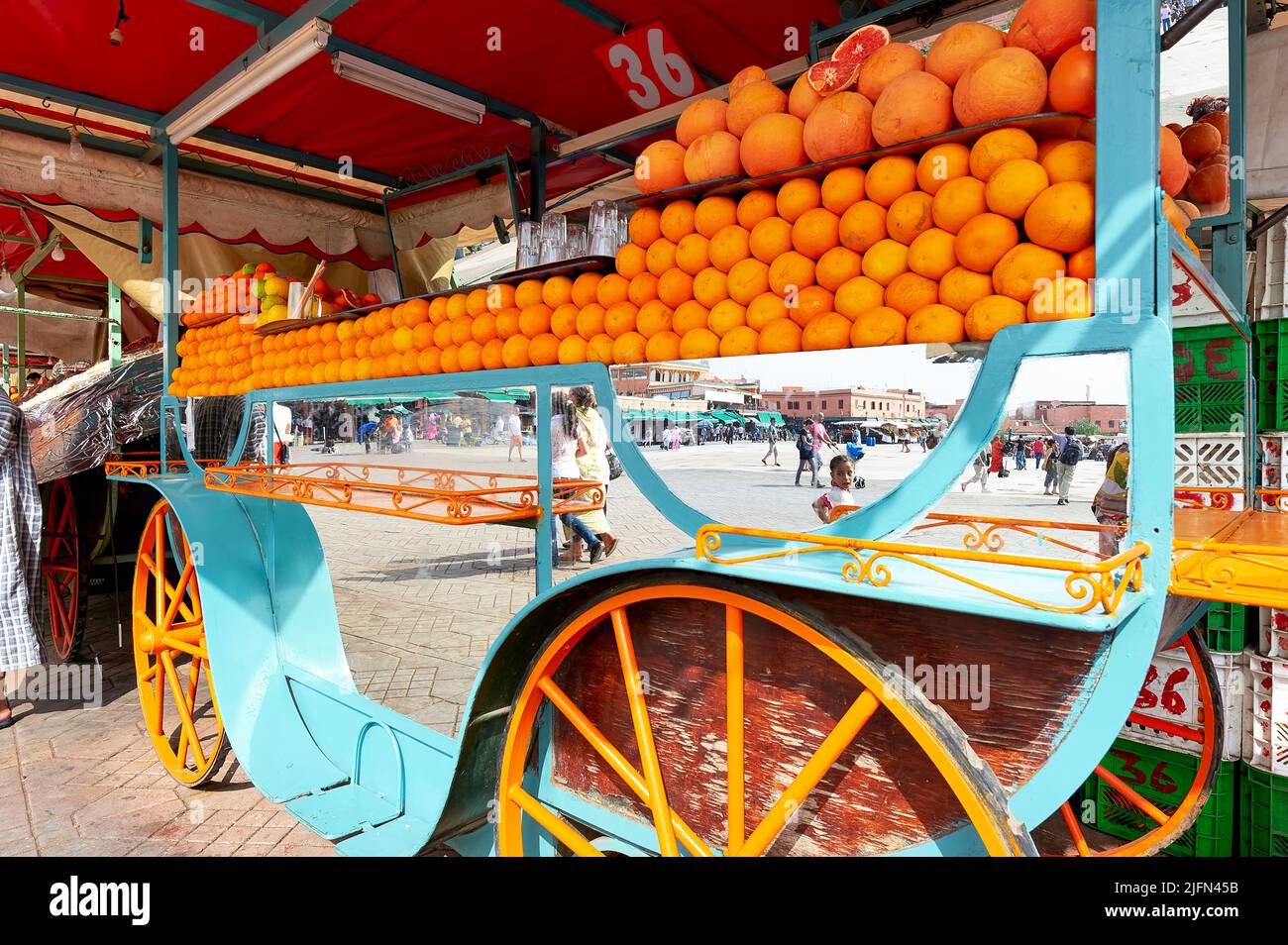 Morocco Marrakesh. Fresh orange juice stall in Djema el Fnaa square Stock Photo