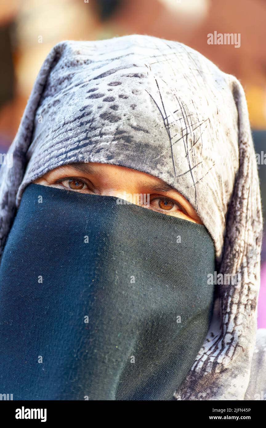 Morocco Marrakesh. Portrait of a veiled moroccan woman Stock Photo