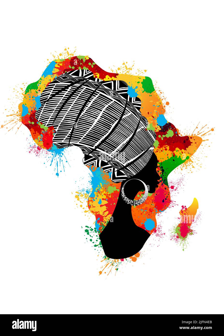 Concept of African woman, face profile silhouette with turban in the shape of a map of Africa. Colorful Afro print tribal logo splash design template. Stock Vector