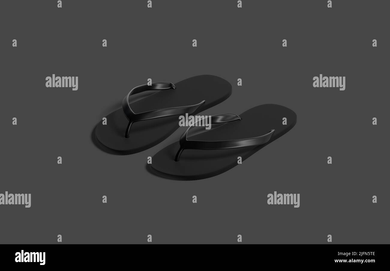Blank black beach slippers mockup, dark background Stock Photo