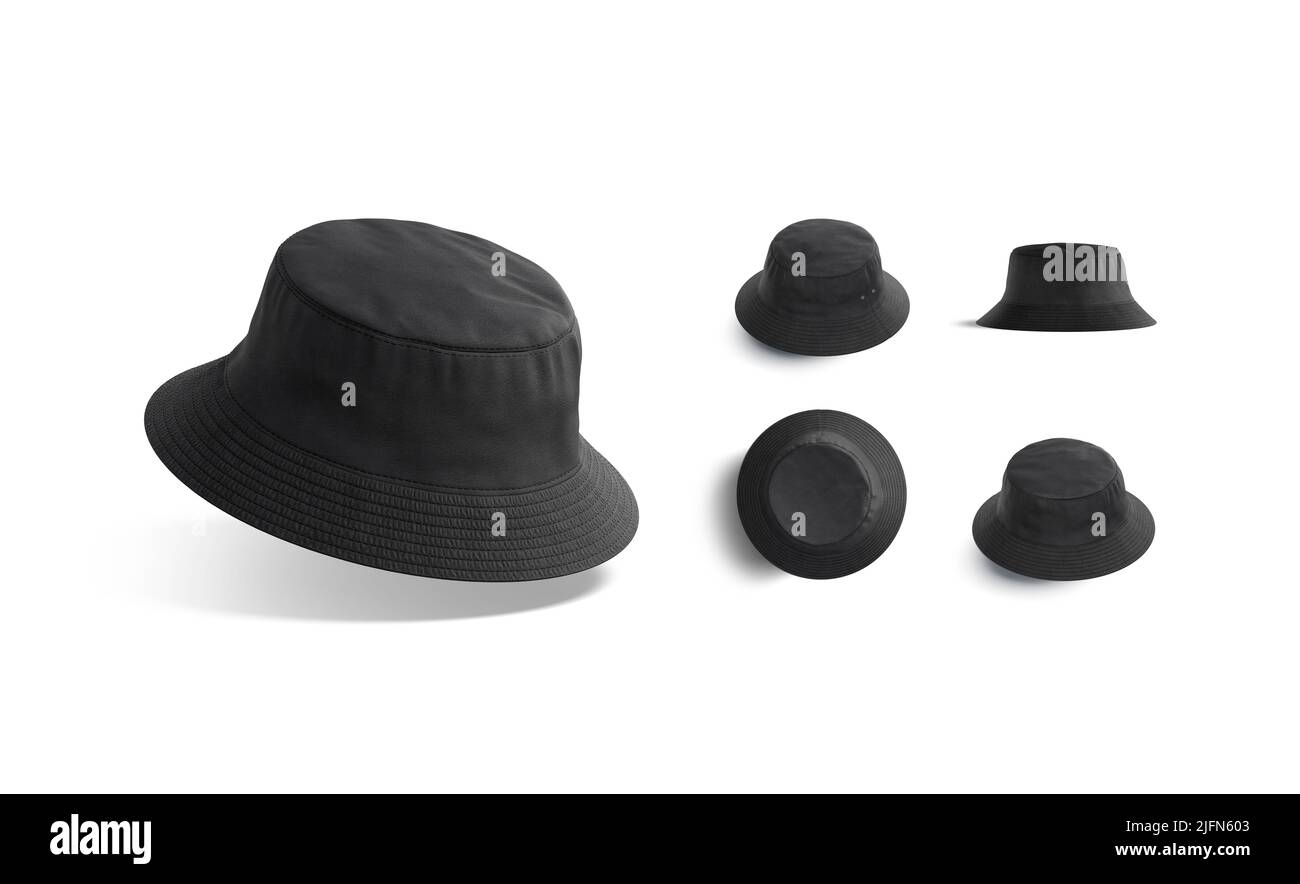Blank black bucket hat mockup, different views Stock Photo