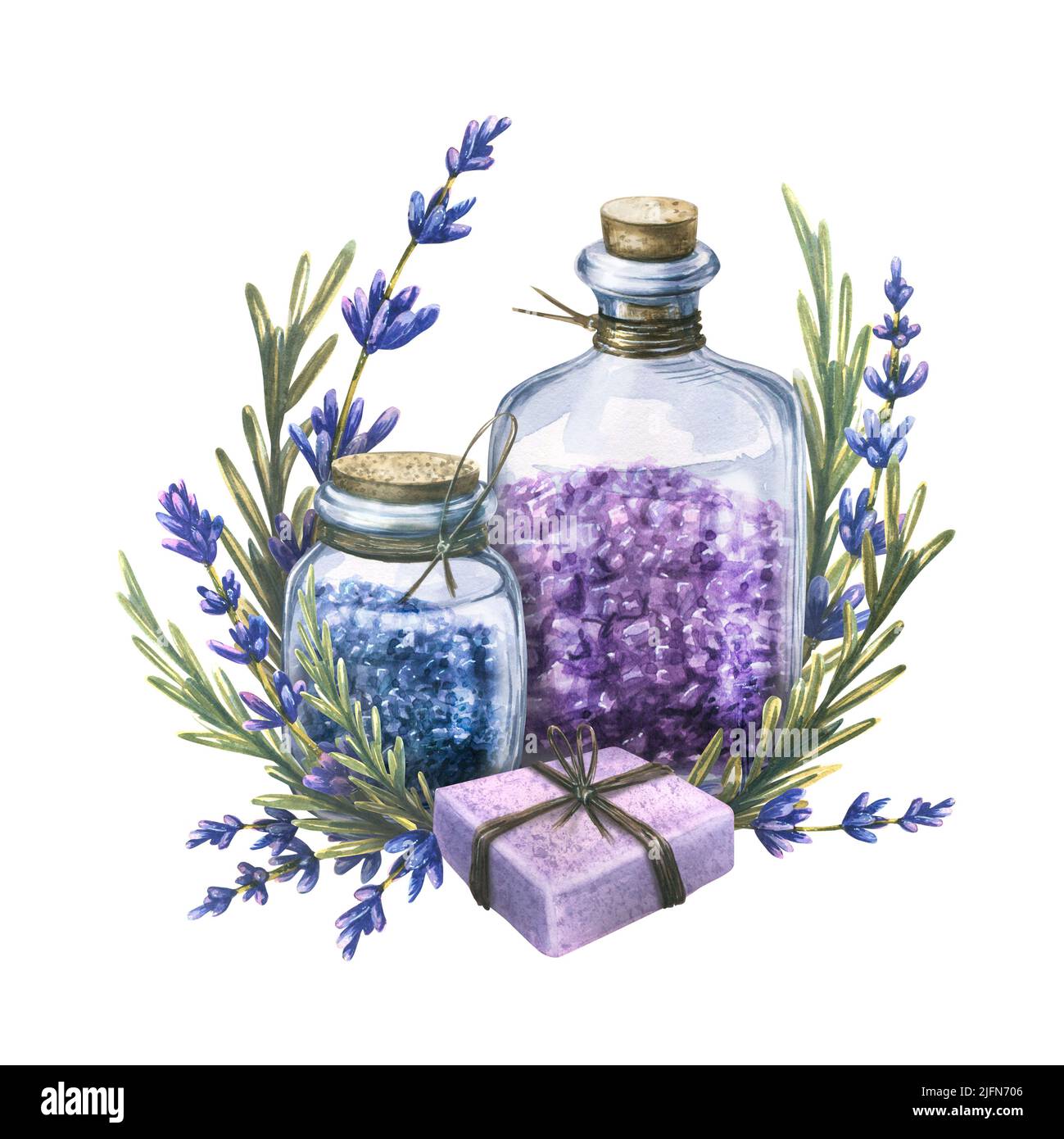 Cosmetics for taking a bath, sea salt and soap with lavender flowers. Watercolor illustration. The composition of a large set of Lavender SPA. For the Stock Photo