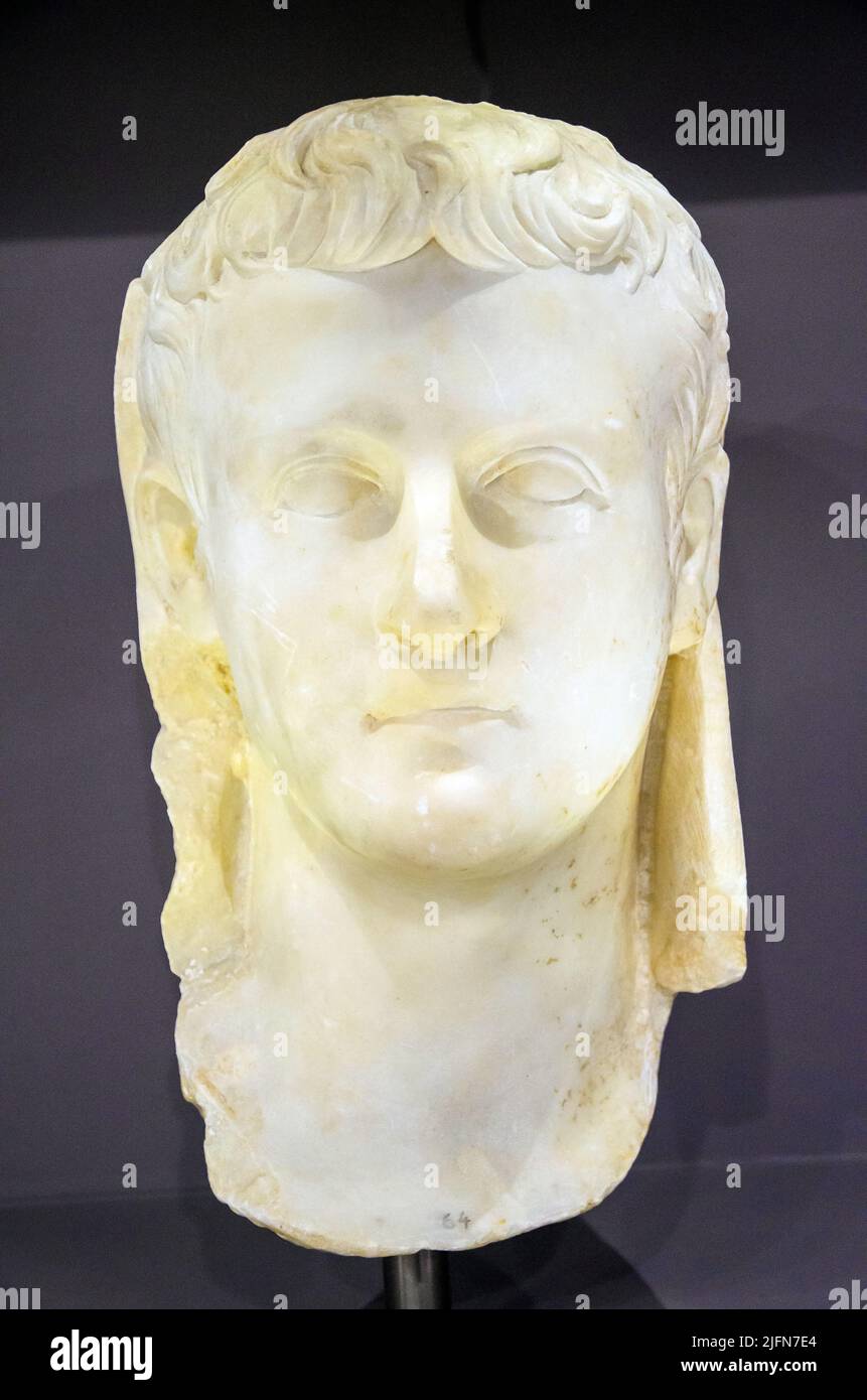 Marble portrait over life-size of emperor Caligula (Gaius Julius Caesar Augustus Germanicus, 37-41 AD). The head, covered by a toga (velatio capitis) Stock Photo