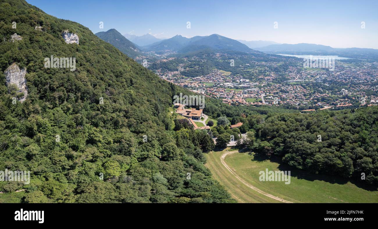 Aerial View - Landscape of Como and small alpine lakes in the background - Como, Lombardy, Italy Stock Photo