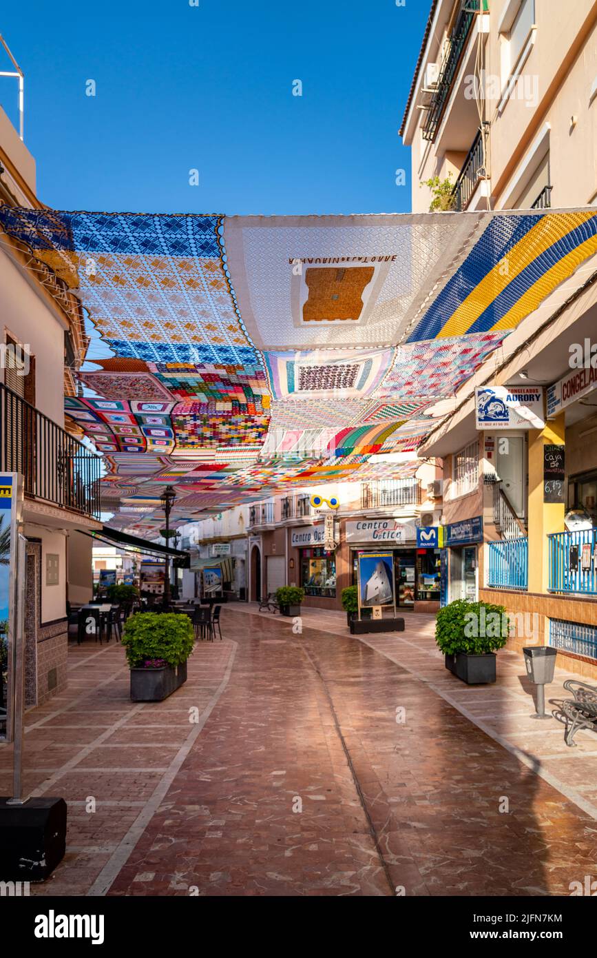 Alhaurin de la Torre, Spain - July 01 2022: Famous Street Malaga, in the centere of the city decorated with coloured shade tents. This European city i Stock Photo