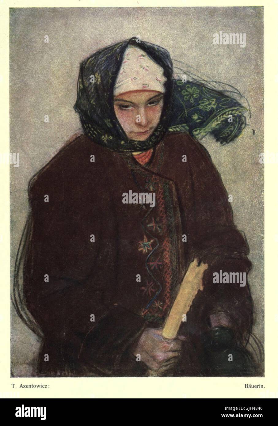 The Peasant Girl by T. Axentowicz Teodor Axentowicz (13 May 1859 in Brașov, Austrian Empire – 26 August 1938 in Kraków, Second Polish Republic) was a Polish-Armenian painter and university professor. A renowned artist of his times, he was also the rector of the Academy of Fine Arts in Kraków. As an artist, Axentowicz was famous for his portraits and subtle scenes of Hutsul life, set in the Carpathians. From the book in German ' Galizien, seine kulturelle und wirtschaftliche Entwicklung. ' [ Galicia, its cultural and economic development. ] Publisher and responsible editor Siegmund Bergmann. 19 Stock Photo