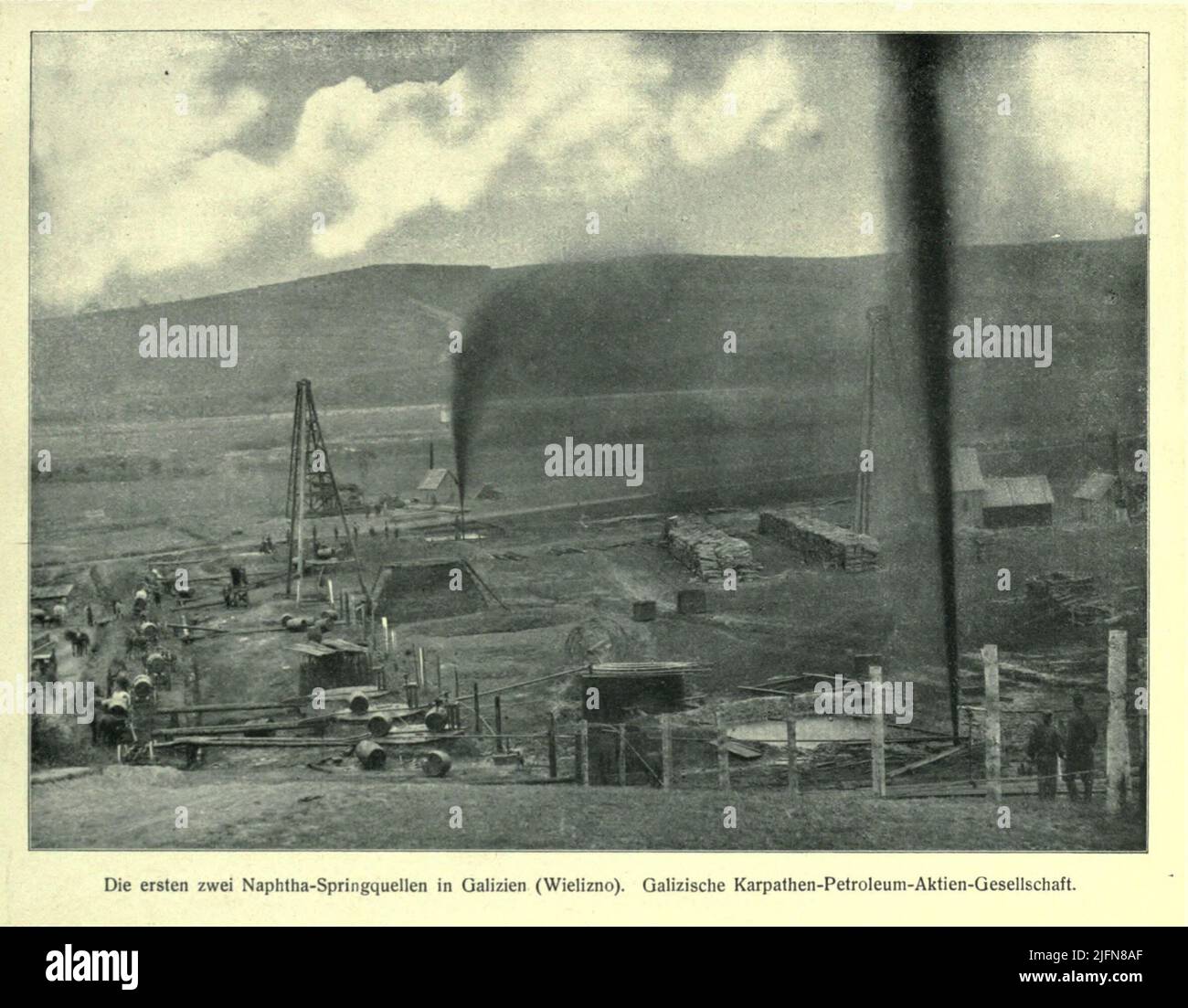 The first two naphtha springs ( Oil Wells ) in Galicia (Wielizno). Galician Carpathian Petroleum Stock Company. From the book in German ' Galizien, seine kulturelle und wirtschaftliche Entwicklung. ' [ Galicia, its cultural and economic development. ] Publisher and responsible editor Siegmund Bergmann. 1912 Stock Photo