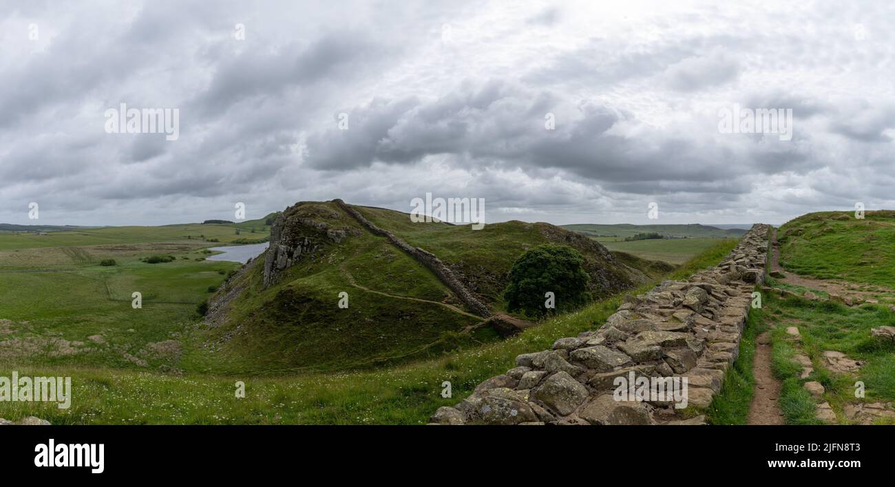 A panorama view of Hadrian's Wall near Steel Rigg in northern England Stock Photo