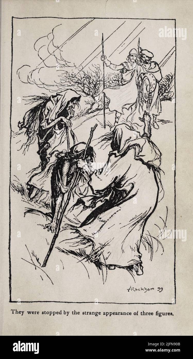 Macbeth ' They were stopped by the strange appearance of three figures ' Engraving with depiction from the book ' Tales from Shakespeare ' by Charles and Mary Lamb, illustrated by Arthur Rackham, Publication date 1908 Publisher London : J.M. Dent & Co. ; New York : E.P. Dutton & Co. Stock Photo