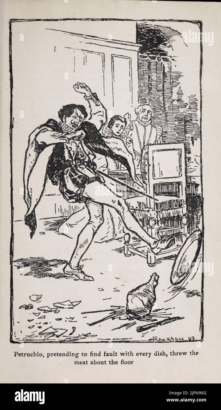 Petruchio, pretending to find fault with every dish, threw the meat about the floor  from The Taming of the Shrew Engraving with depiction from the book ' Tales from Shakespeare ' by Charles and Mary Lamb, illustrated by Arthur Rackham, Publication date 1908 Publisher London : J.M. Dent & Co. ; New York : E.P. Dutton & Co. Stock Photo