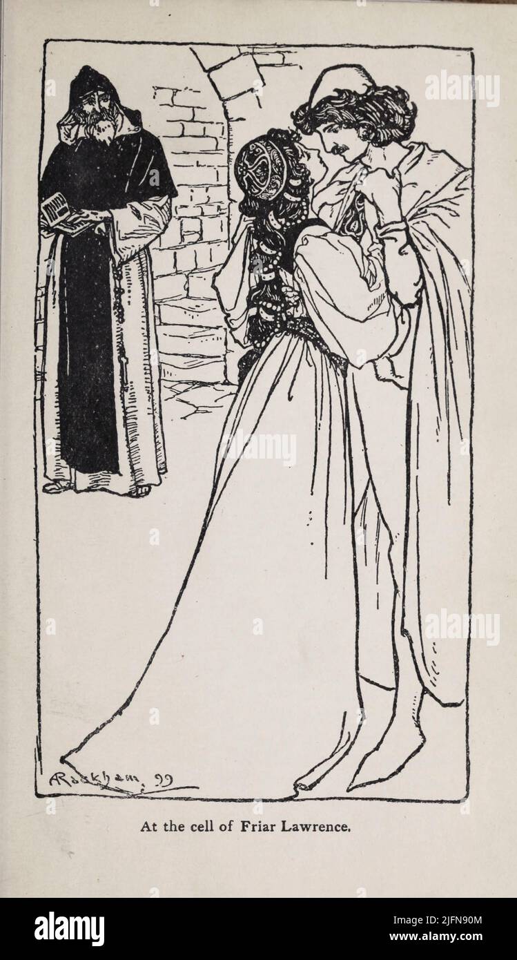 Romeo and Juliet ' At the cell of Friar Lawrence ' Engraving with depiction from the book ' Tales from Shakespeare ' by Charles and Mary Lamb, illustrated by Arthur Rackham, Publication date 1908 Publisher London : J.M. Dent & Co. ; New York : E.P. Dutton & Co. Stock Photo