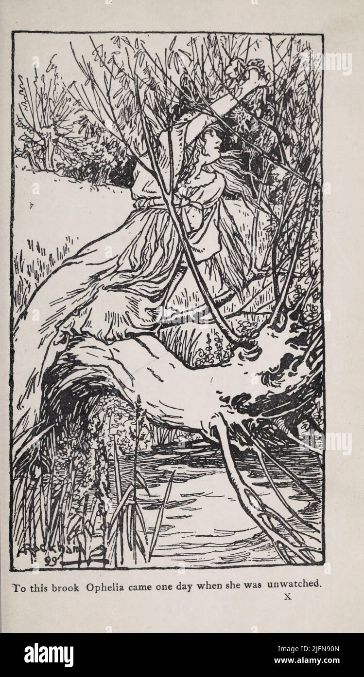 To this brook Ophelia came one day when she was unwatched Engraving with depiction from the book ' Tales from Shakespeare ' by Charles and Mary Lamb, illustrated by Arthur Rackham, Publication date 1908 Publisher London : J.M. Dent & Co. ; New York : E.P. Dutton & Co. Stock Photo