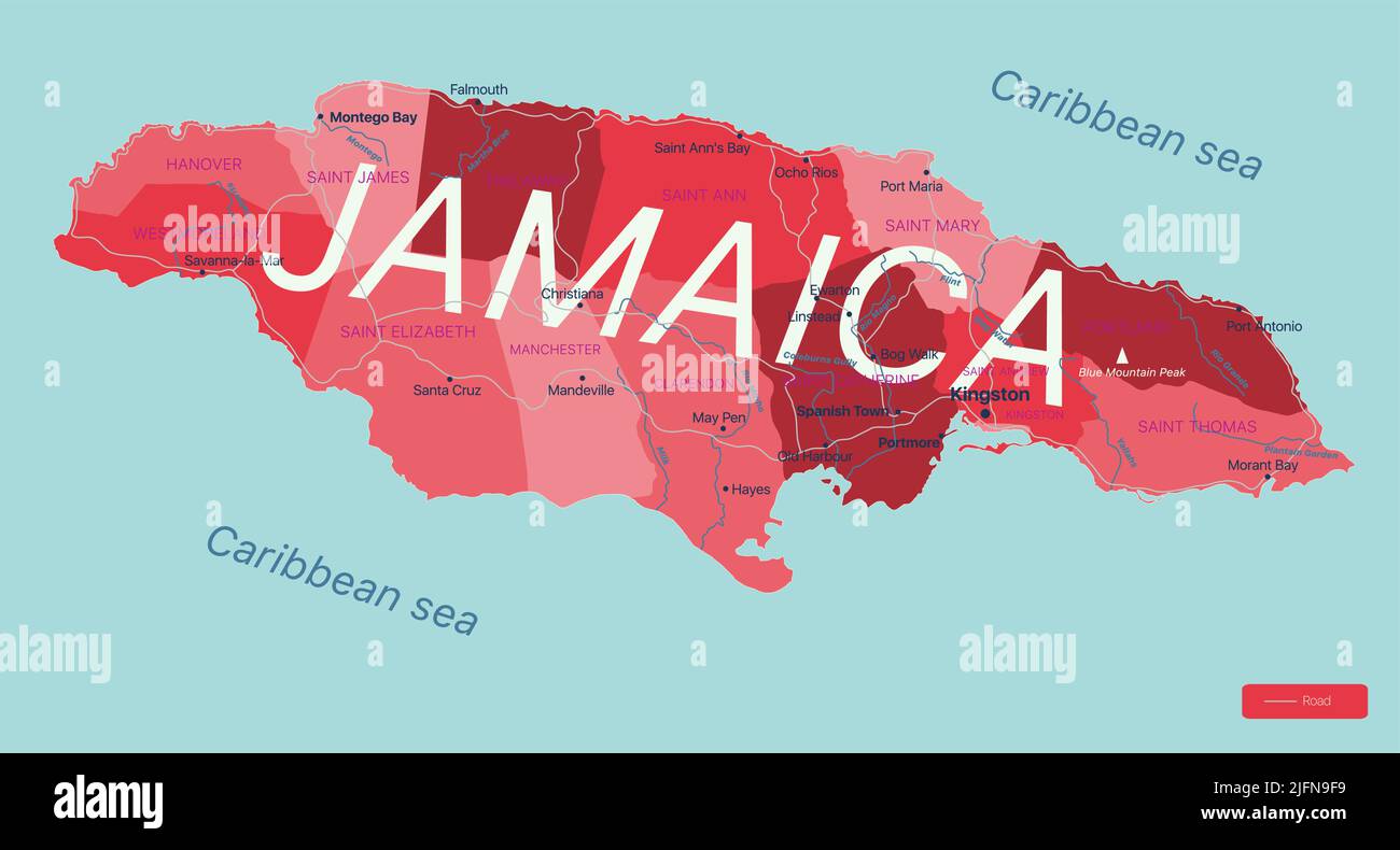 Jamaica country detailed editable map with regions cities and towns, roads and geographic sites