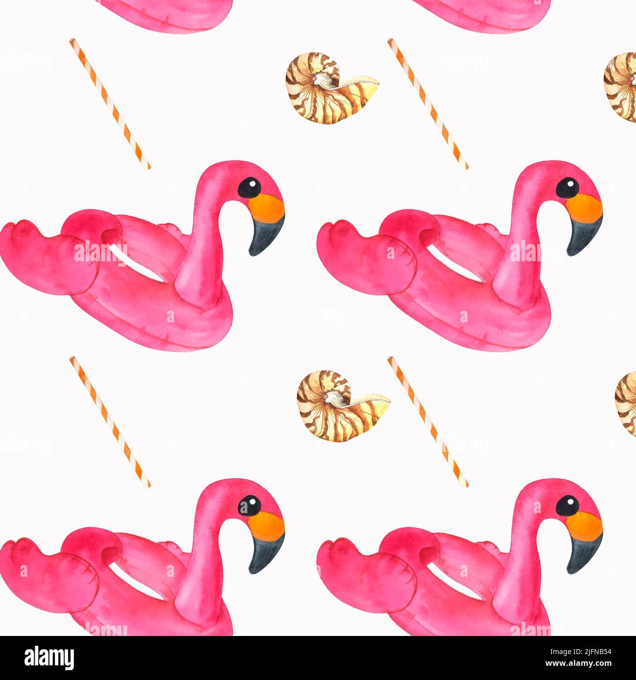 Cute pink flamingo swimming circle, shell sea and straw for cocktail ...
