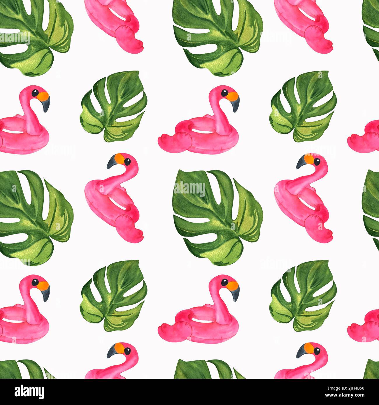 Cute pink flamingo swimming circleand green monstera leaf tropical,  watercolor botanical pattern, hand drawn. Perfect for card design,  invitation Stock Photo - Alamy