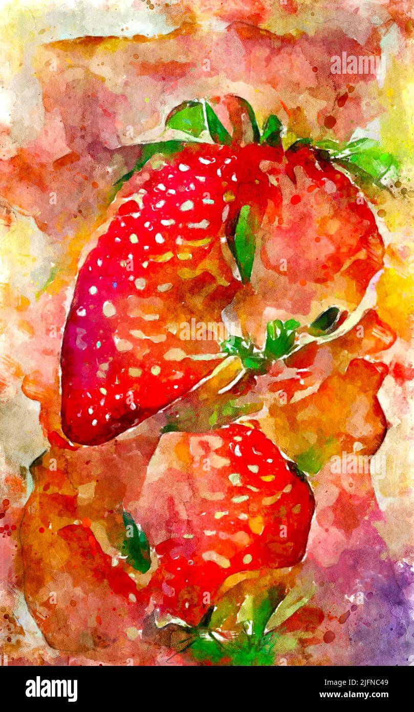 Watercolor painting of fresh red Strawberry fruit. Stock Photo