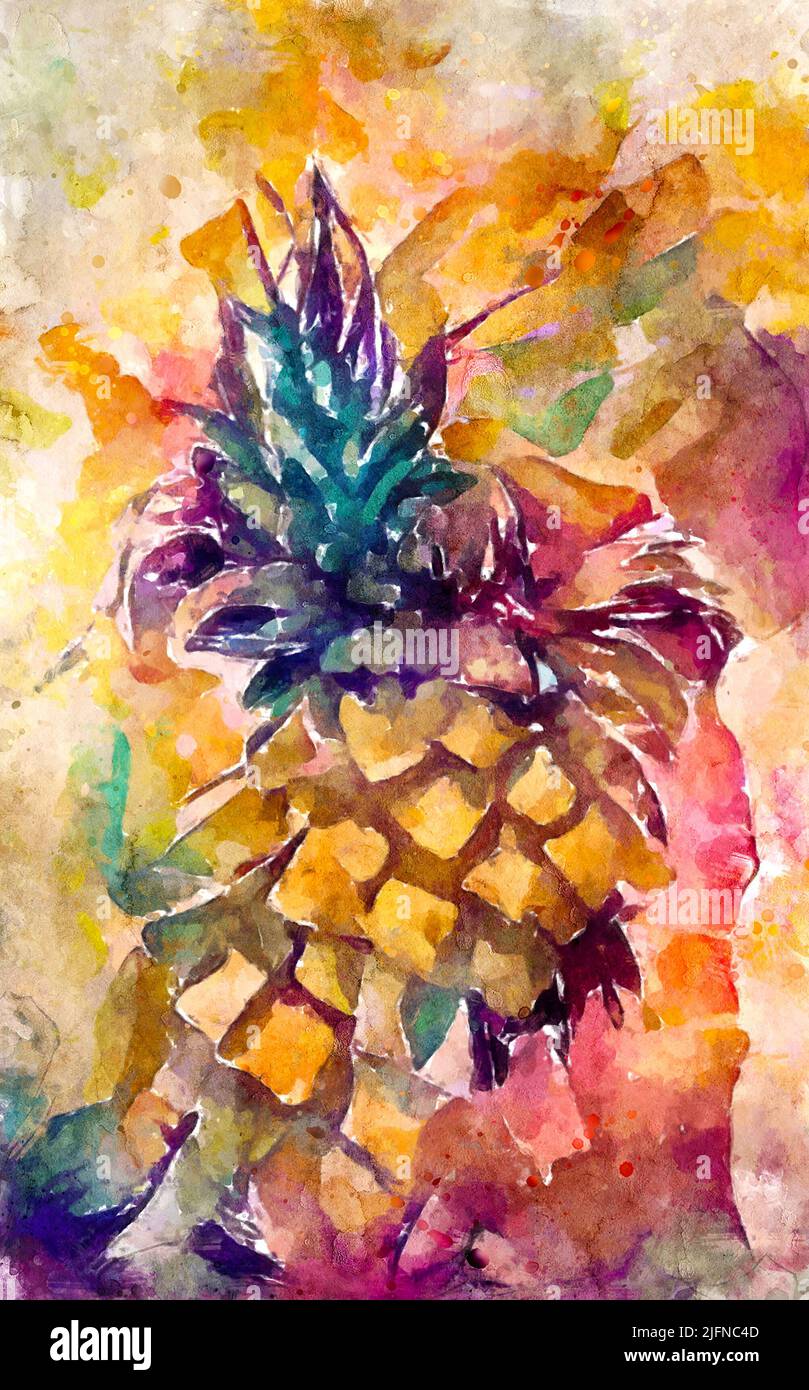 Watercolor painting of fresh pineapple fruit. Abstract Artwork. Stock Photo