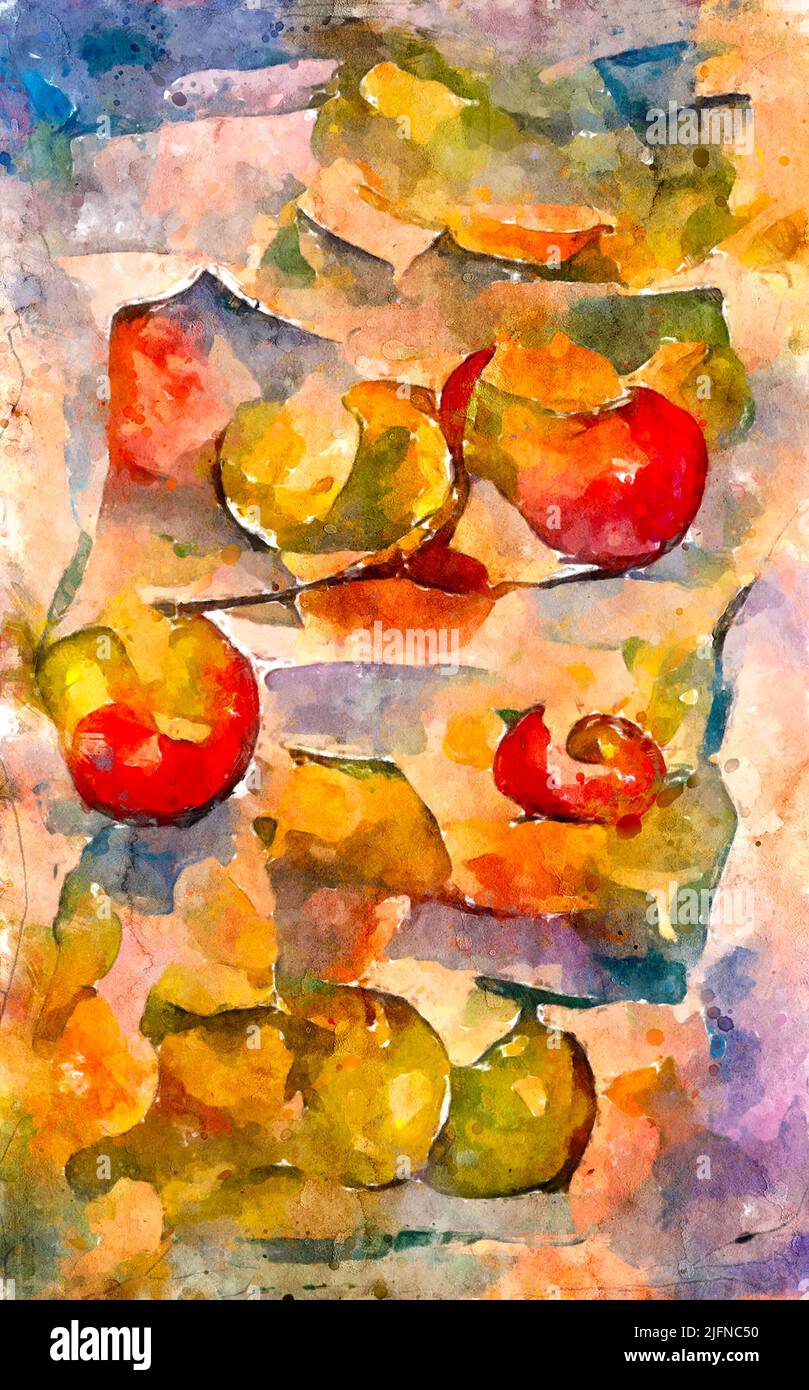 Watercolor painting of fresh red green apples fruit. Artwork. Stock Photo