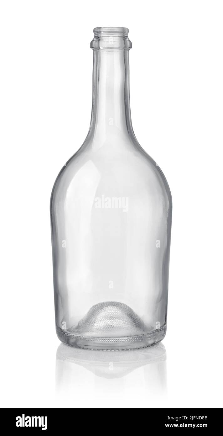 Front view of empty transparent glass liquor bottle isolated on white Stock Photo