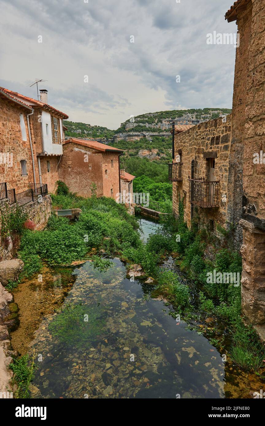 beautiful landscape at little town of Orbaneja del Castillo, Burgos, Spain, Europe Stock Photo