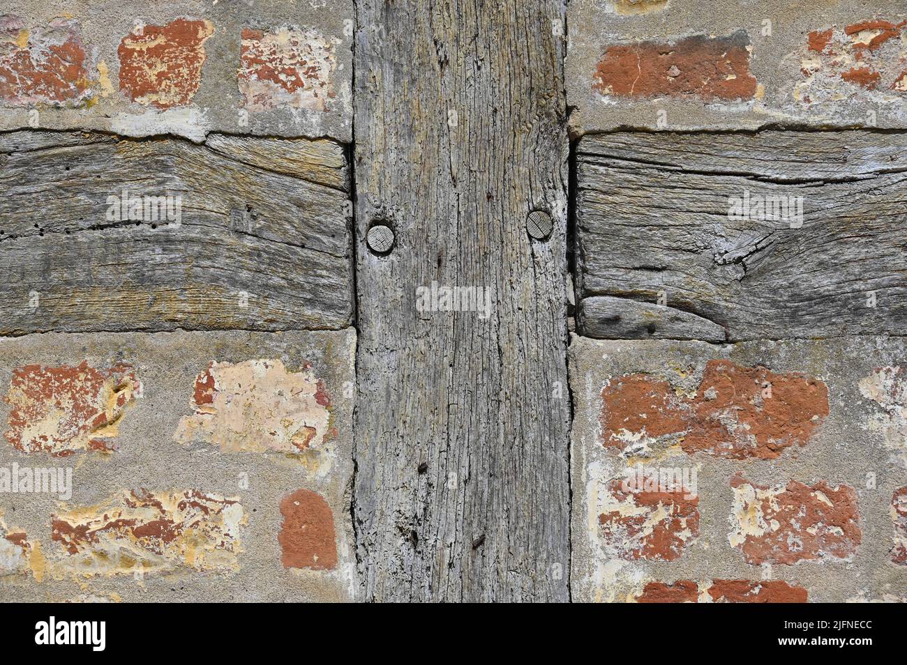 Facade detail of an old half-timbered barn Stock Photo