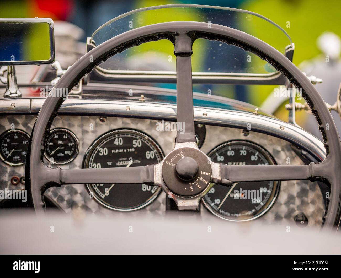 1930's Riley Racing MPH two seater sports car dashboard and steering wheel from the drivers seat