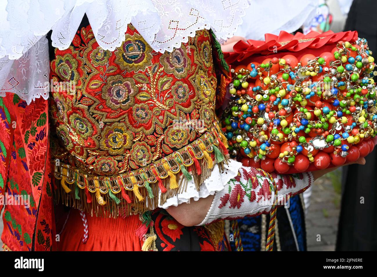 Rich pearl embroidery of the traditional Schaumburg costume Stock Photo