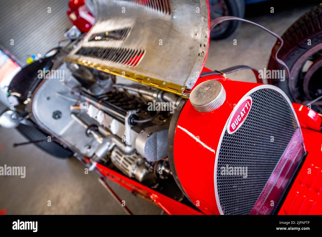 Bugatti 35B in a garage race day preperation. Stock Photo