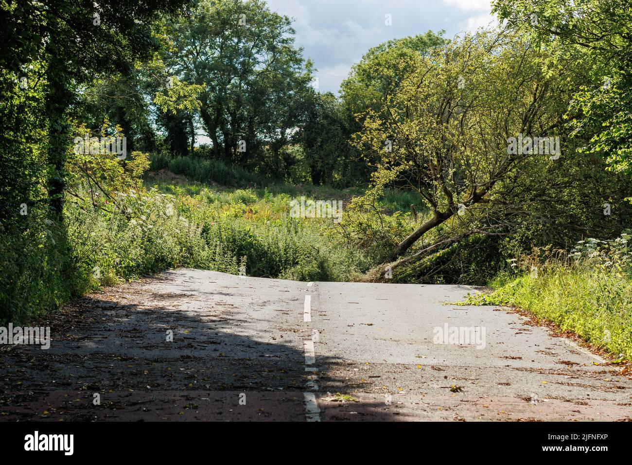 The B4069 near Lyneham in Wiltshire has buckled in places, leaving huge cracks in the road, due to subsidence. Stock Photo