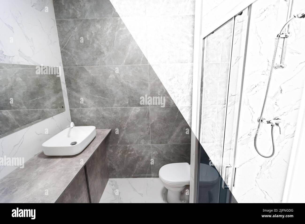 Stylish kitchen interior with modern furniture. Combination of photo