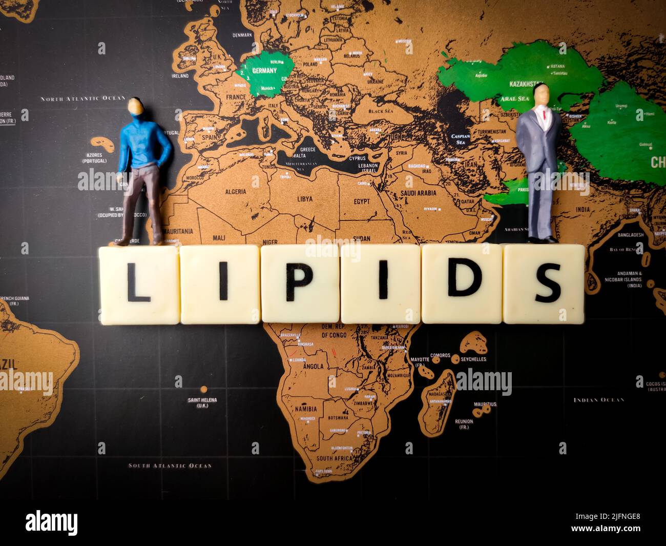 Top view of the miniature figurines and text "LIPIDS" on a world map background Stock Photo