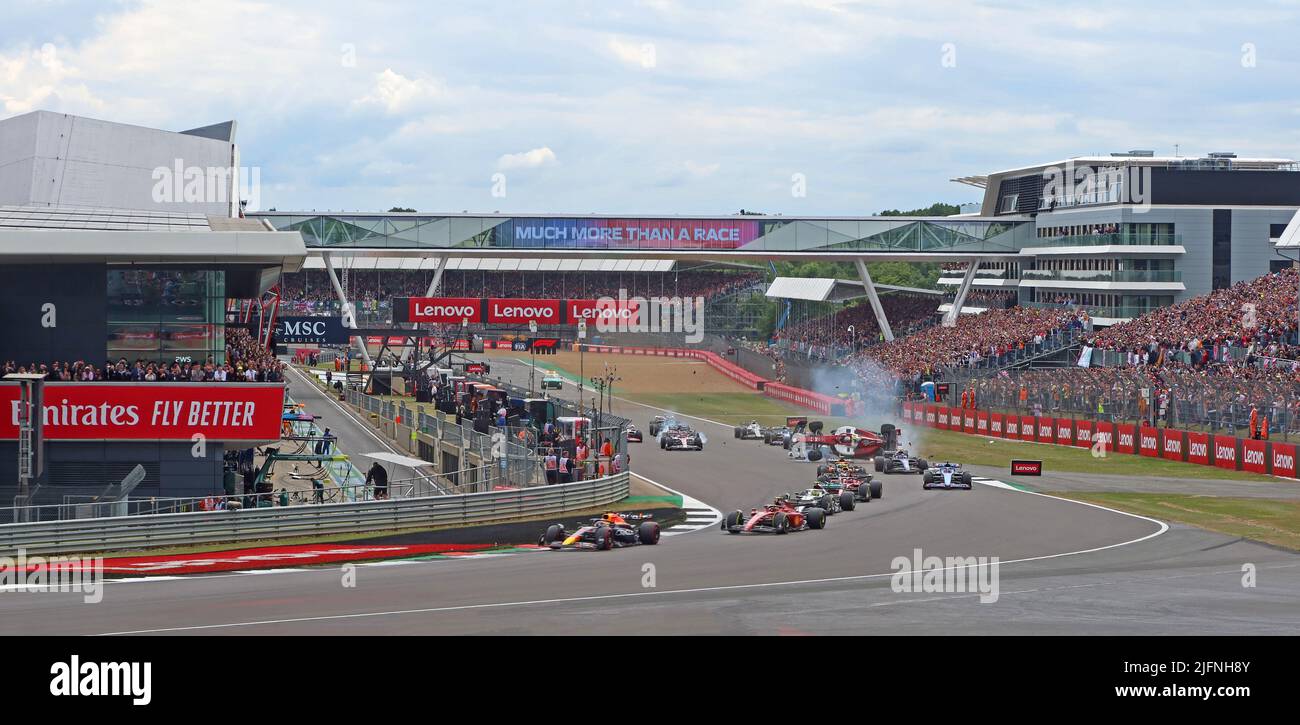2022 British Formula One Grand Prix, crash at first corner, Farm Curve, damaging George Russell,Zhou Guanyu,Alexander Albon cars,Silverstone Circuit Stock Photo